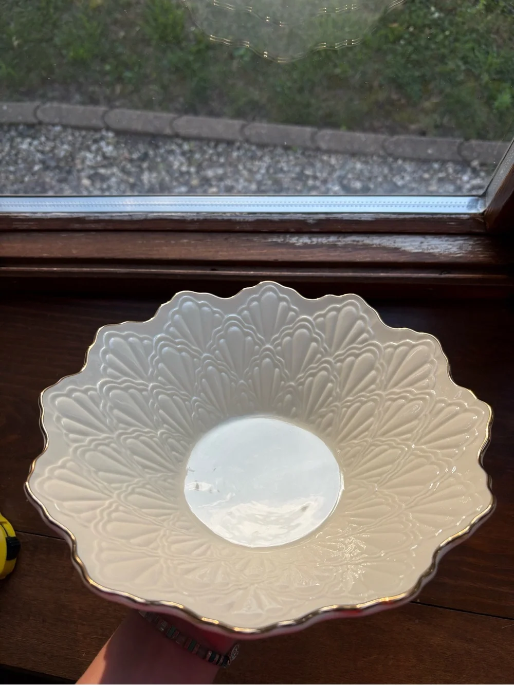 Lenox White Embossed Ceramic Serving Bowl with Gold Trim
